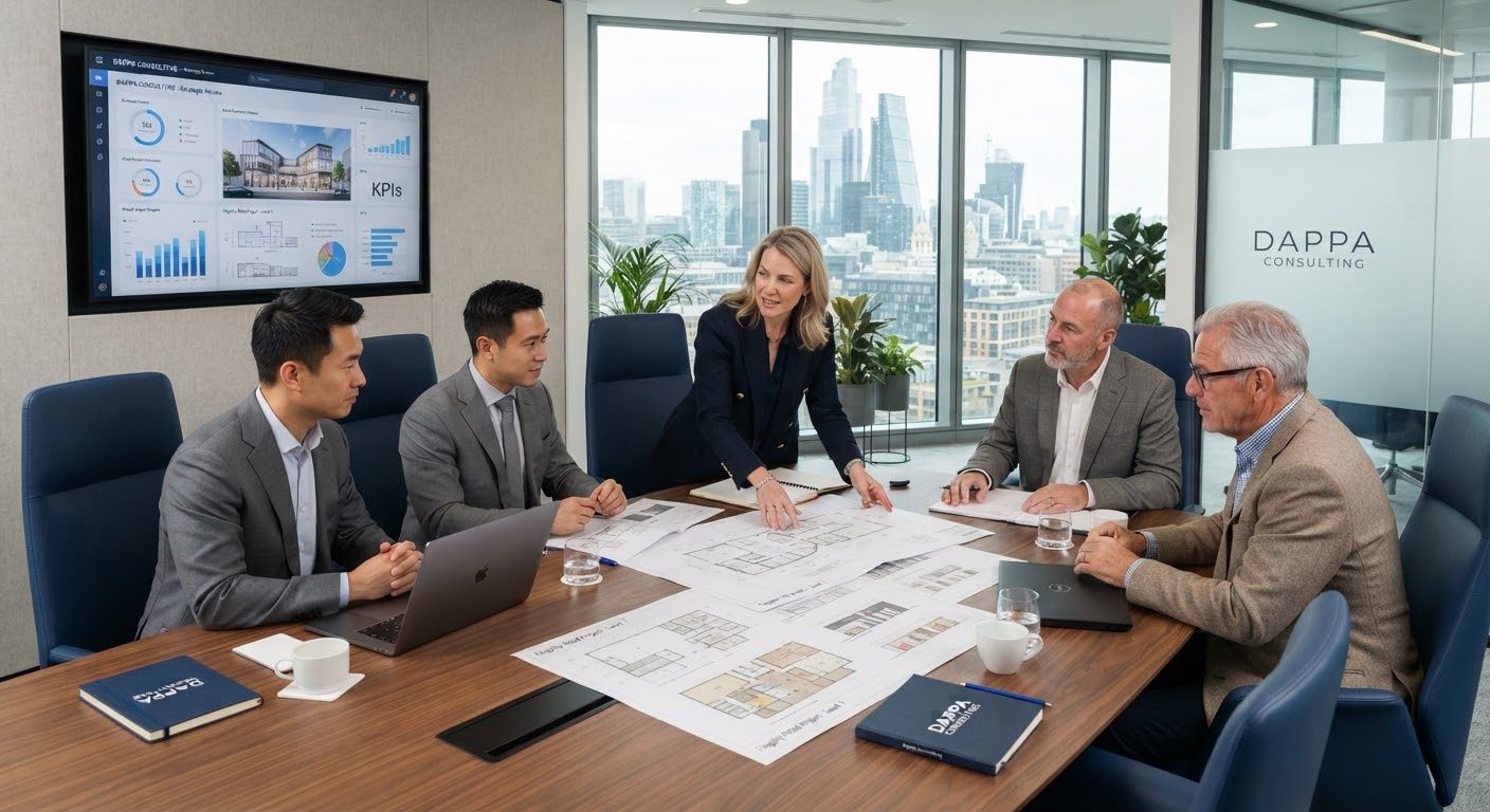 Executives reviewing retail and architectural plans in a boardroom