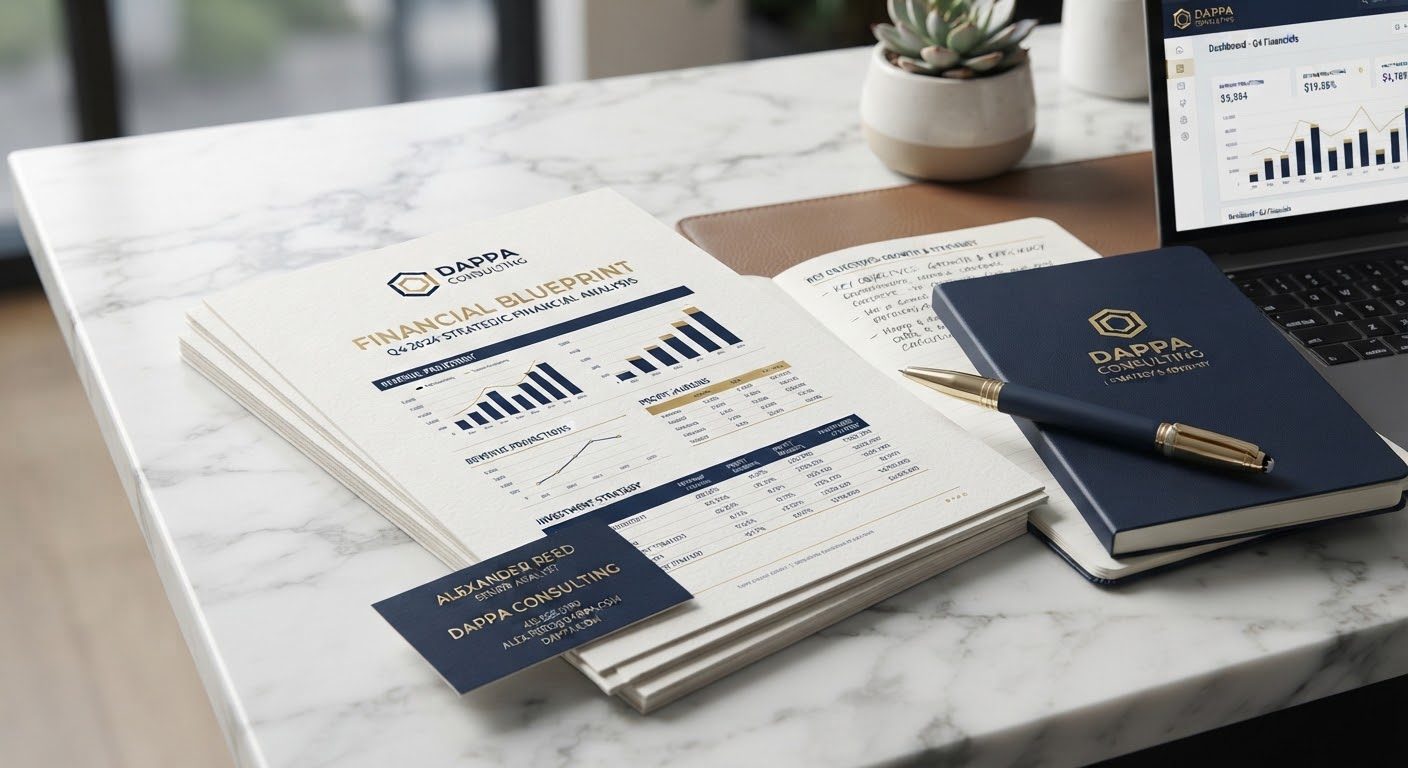 Corporate stationery and financial blueprints on a marble desk