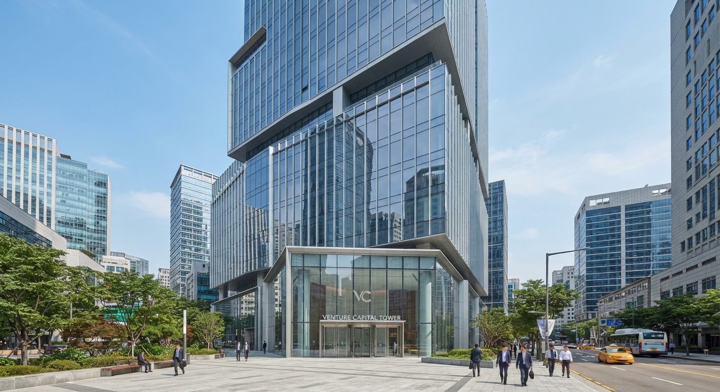 A modern corporate office building with glass facades in a financial district
