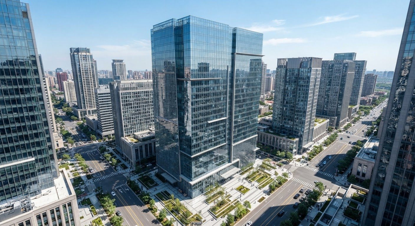 A modern luxury high-rise with glass facades against a clear sky