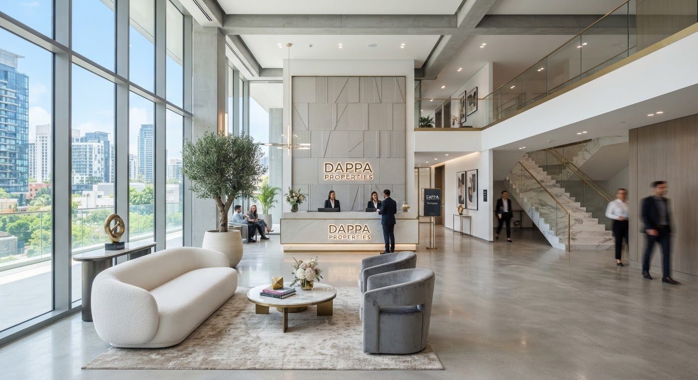 A bright modern corporate office lobby with floor-to-ceiling windows