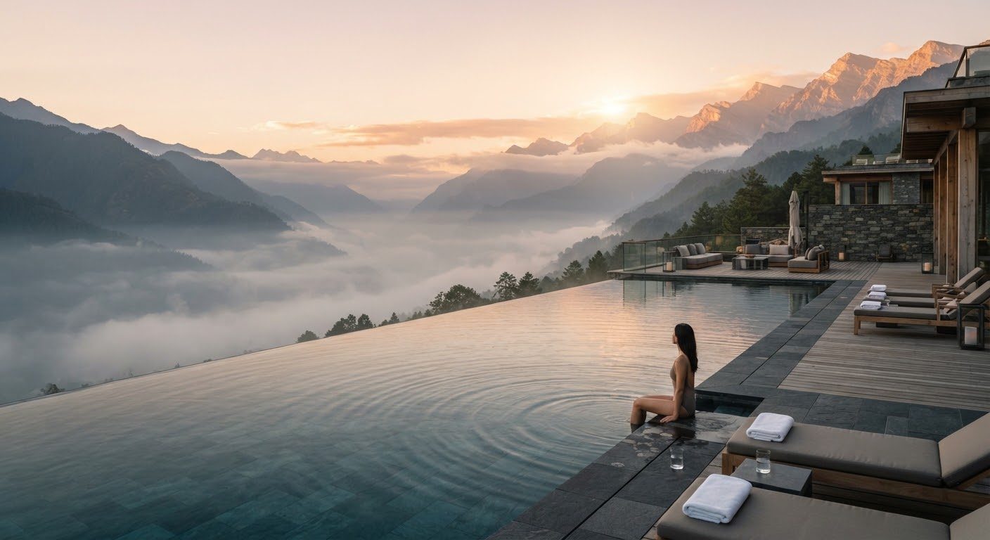 A luxury infinity pool overlooking a misty mountain valley at dawn